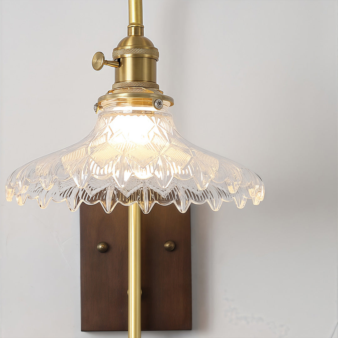 Japanese Retro Wave Glass Wall Sconce with Rubberwood Accent