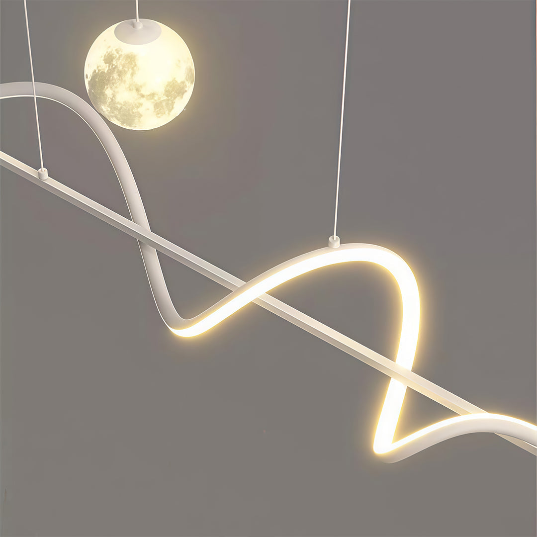 Art Deco Moon Pendant Light with Adjustable Chain, Dimmable LED Linear Suspension