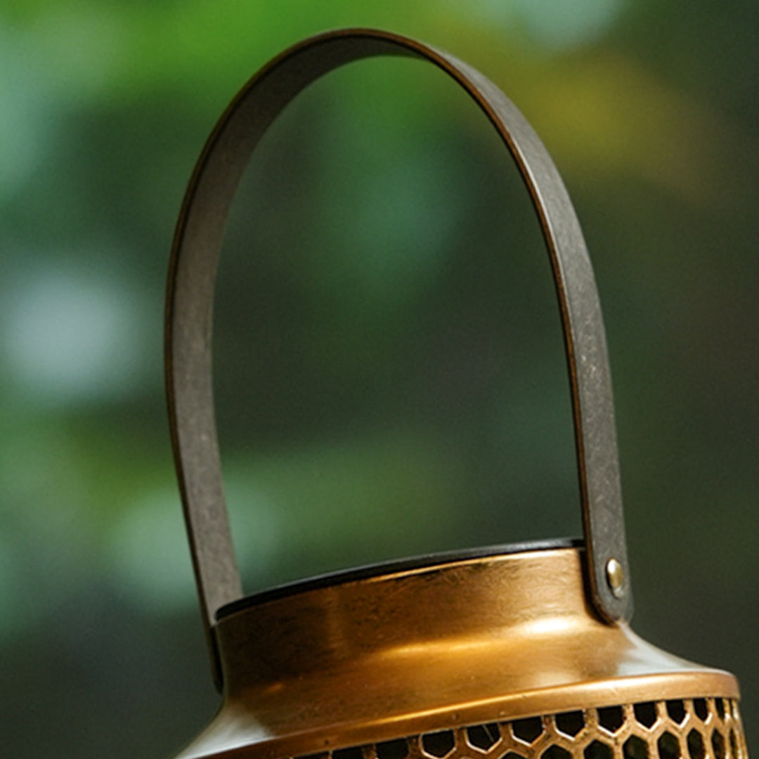 Vintage Solar Lantern with Bronze Iron Perforated Shade for Garden and Patio