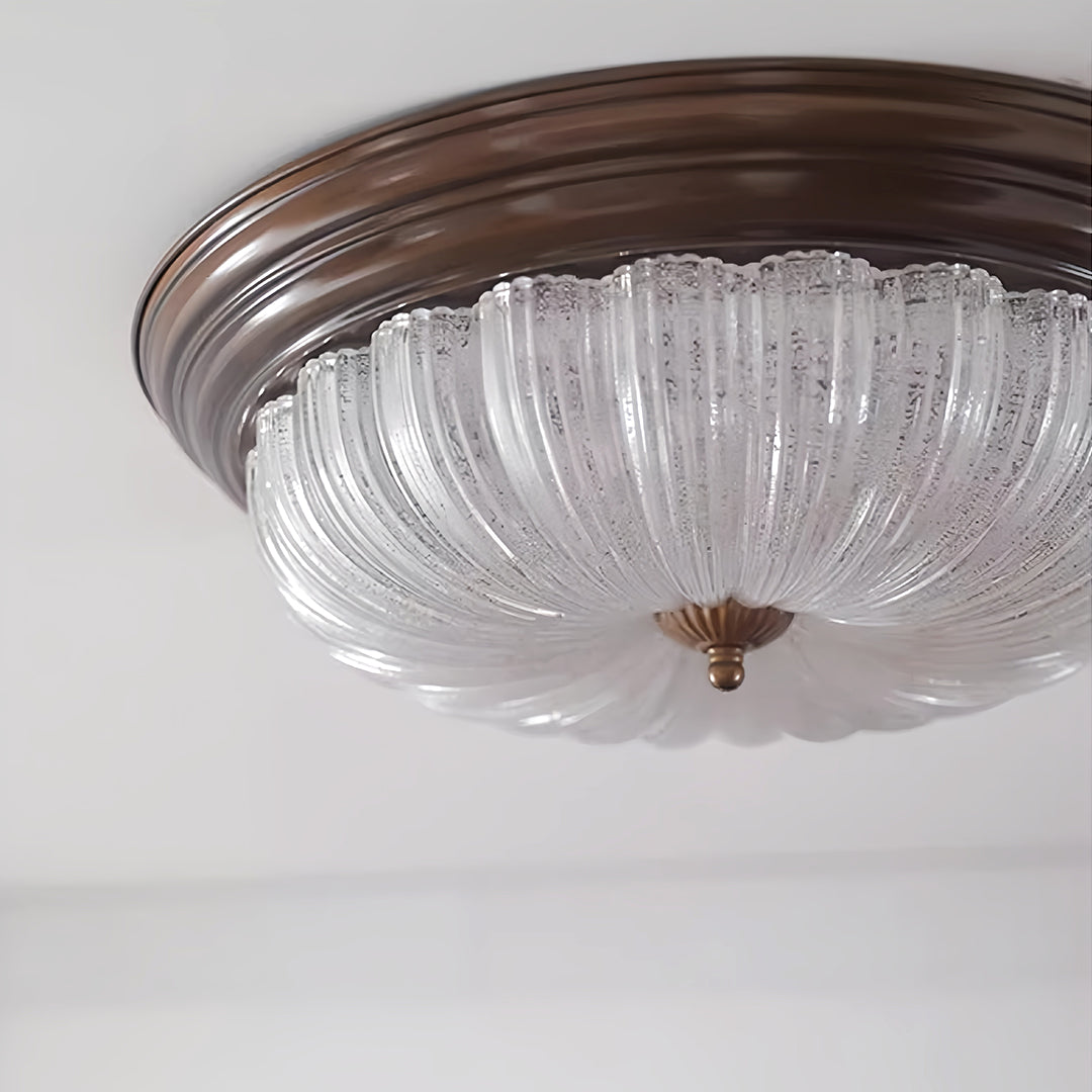 Walnut Wood Retro Dome Flush Mount Ceiling Light with Prismatic Glass Shade