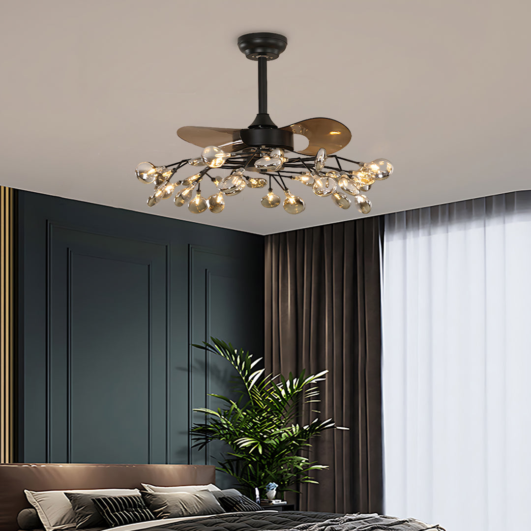 Modern Glam Ceiling Fan with Light, 30/42/56-Light LED, Black Iron & Amber Glass