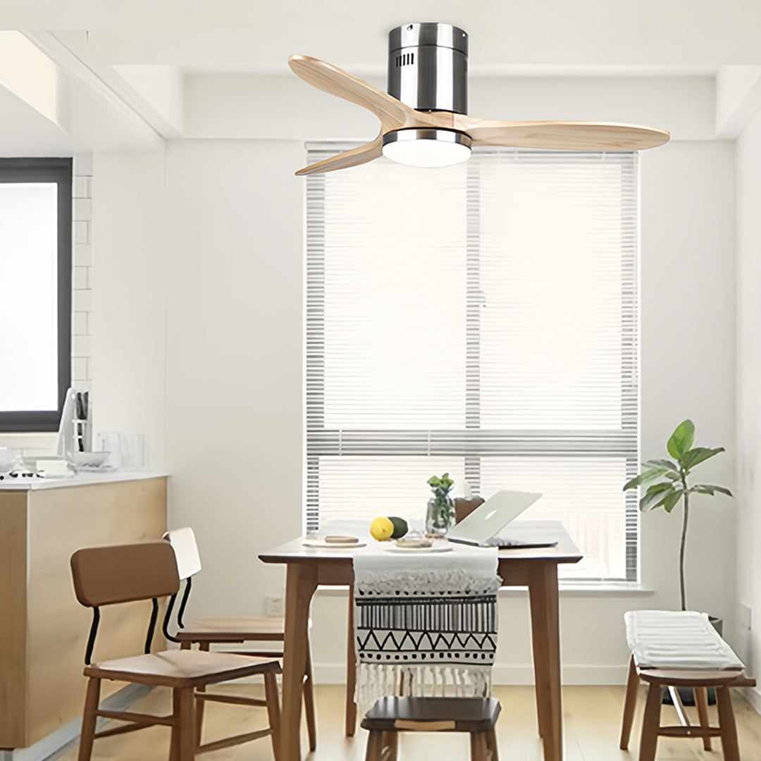Aria Wooden Ceiling Fan with Integrated LED Light – Modern Flush Mount Fandelier