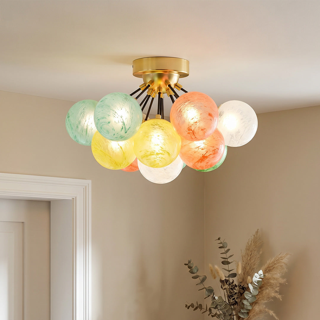 Artisan Stained Glass Flush Mount Ceiling Light in Gold Iron, Modern LED
