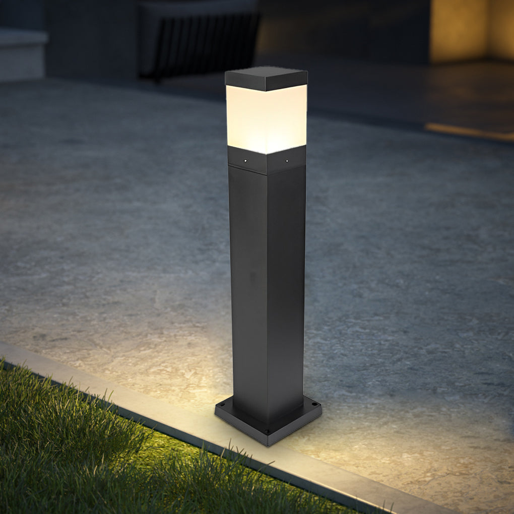 Modern Square Outdoor Bollard Light in Black with Warm White LED