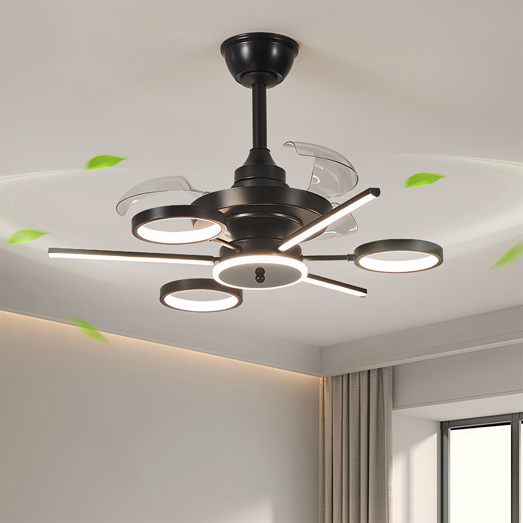 French Vintage Black Iron Ceiling Fan with 7-Light LED Fixture
