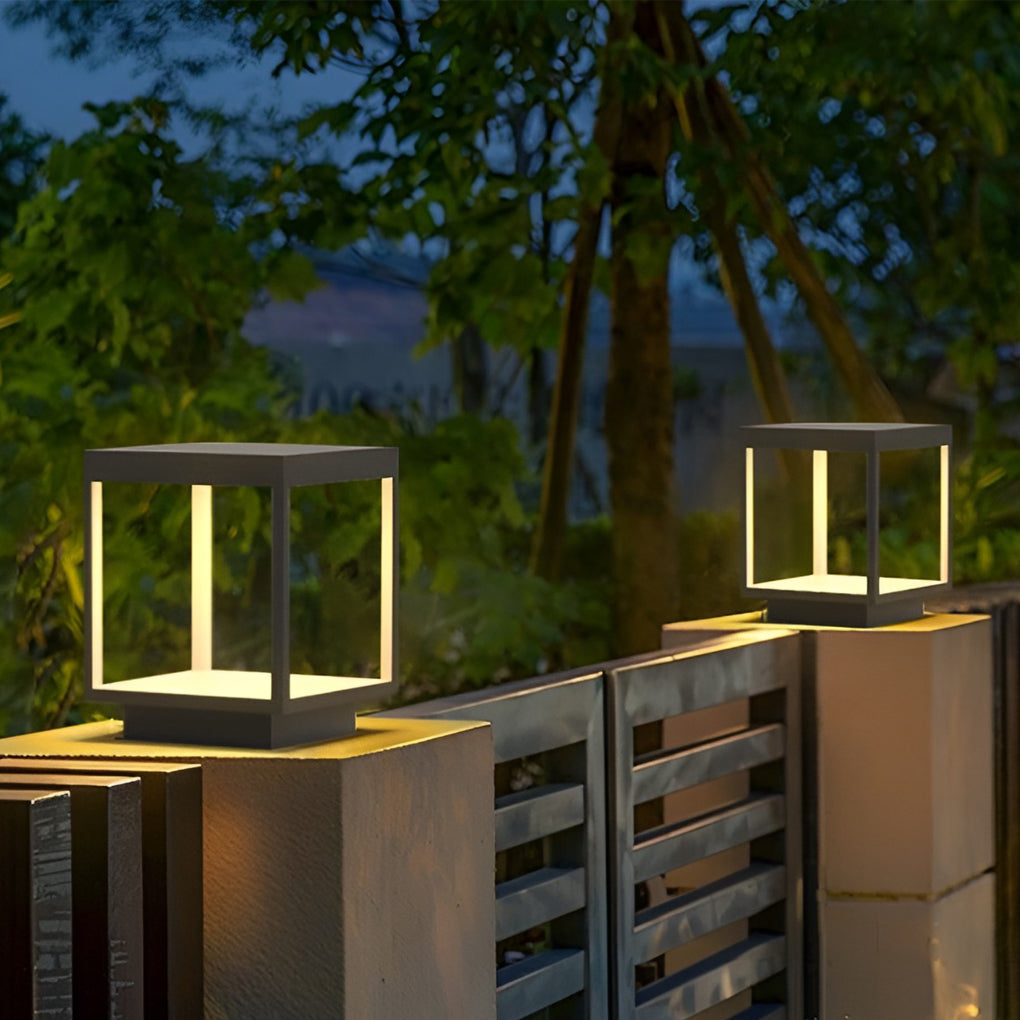 Open Frame LED Solar Post Light – Modern Square Pier-Mounted Outdoor Lantern