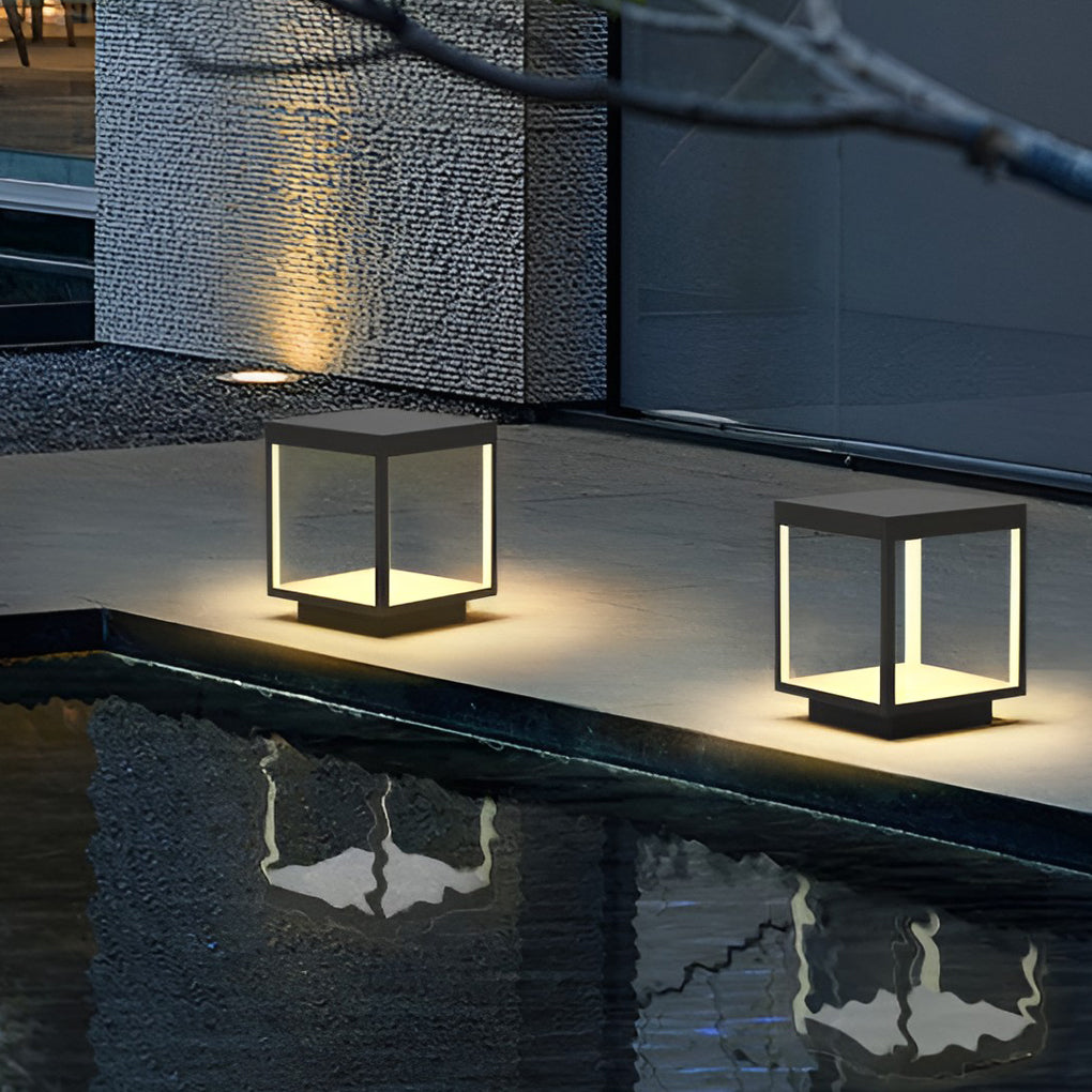Open Frame LED Solar Post Light – Modern Square Pier-Mounted Outdoor Lantern
