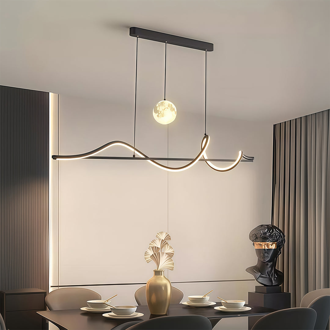 Art Deco Moon Pendant Light with Adjustable Chain, Dimmable LED Linear Suspension