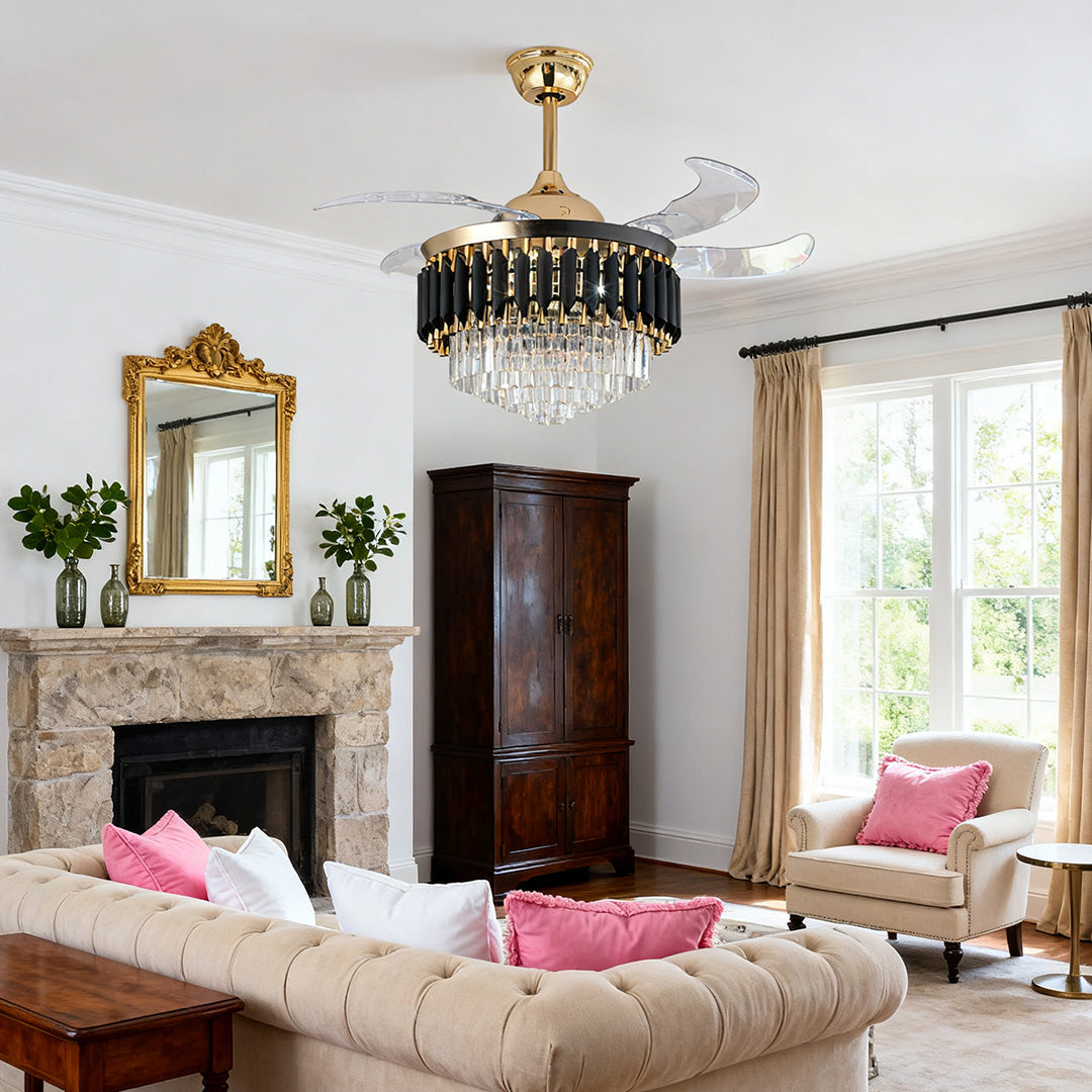 Luxury Black Ceiling Fan with Crystal Light and Transparent Blades