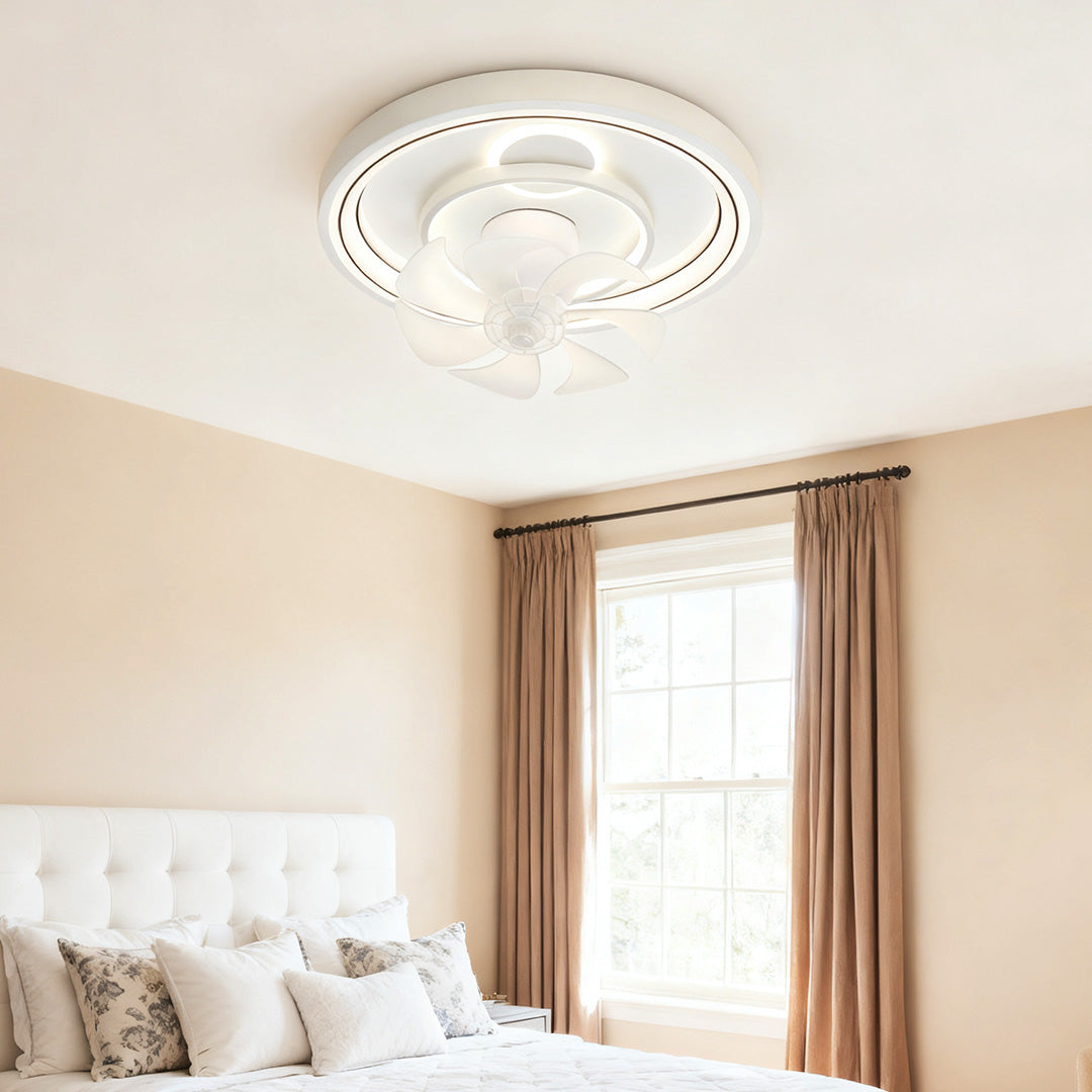 Modern White Ceiling Fan with Dimmable LED Light, 7-Blade Flush Mount