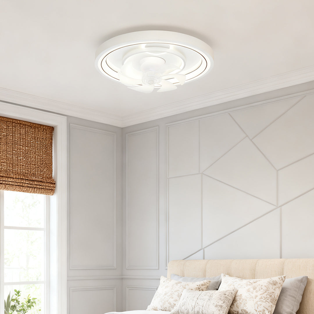 Modern White Ceiling Fan with Dimmable LED Light, 7-Blade Flush Mount
