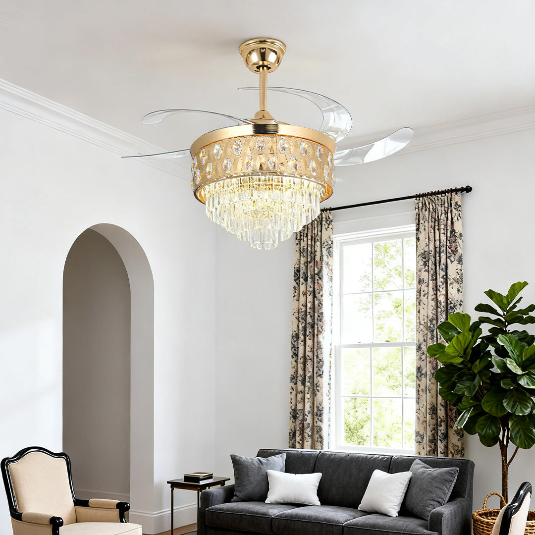 Luxury Crystal Ceiling Fan with Gold Iron Frame and Dimmable LED Light