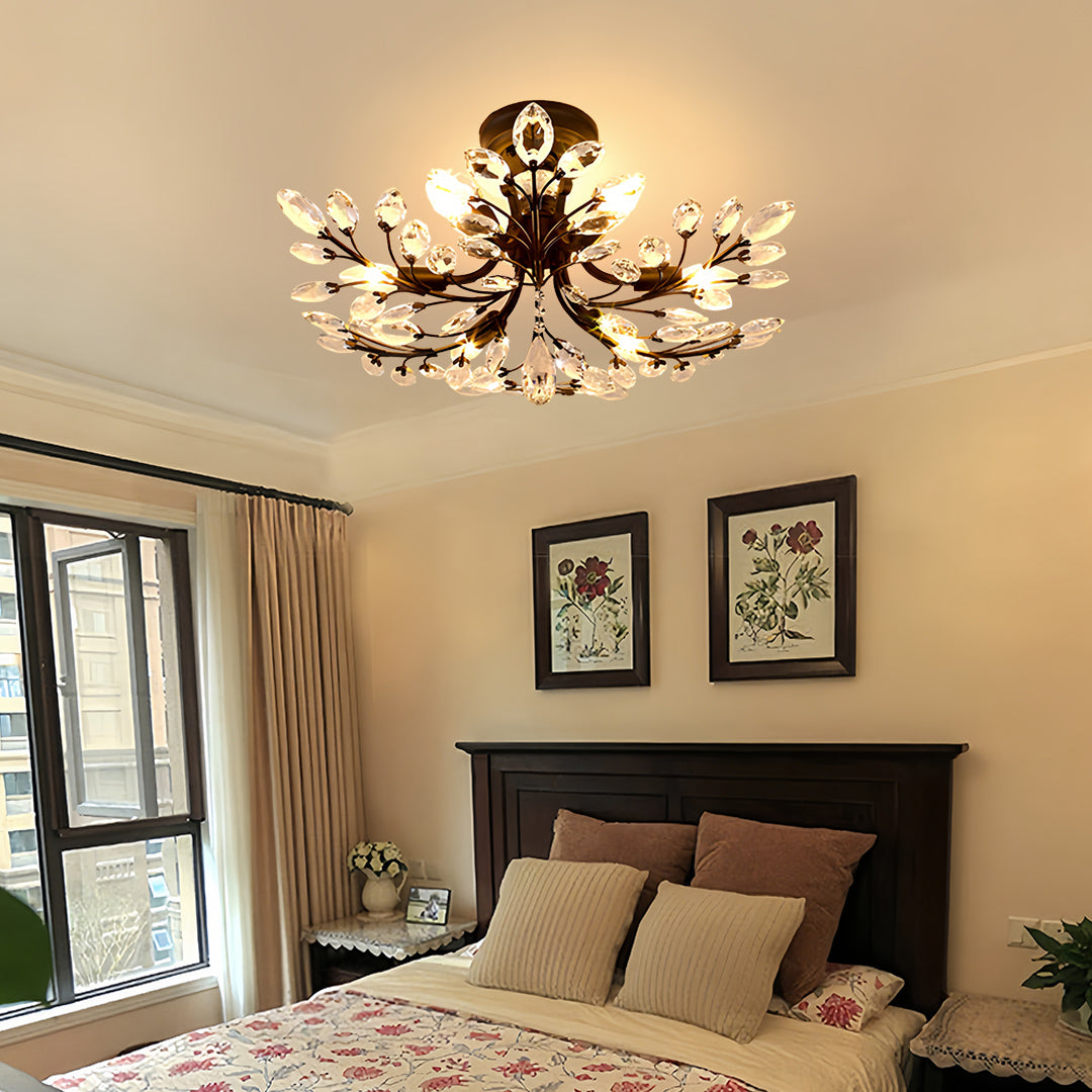 Crystal Leaf Semi Flush Ceiling Light in Black Iron
