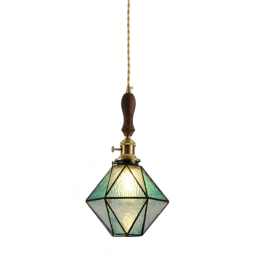 Diamond Glass Pendant Light with Brass and Wood Accents