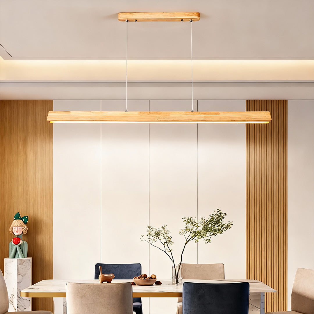 Linear Wood LED Pendant Light with White PVC Shade, Minimalist Dining Room Fixture