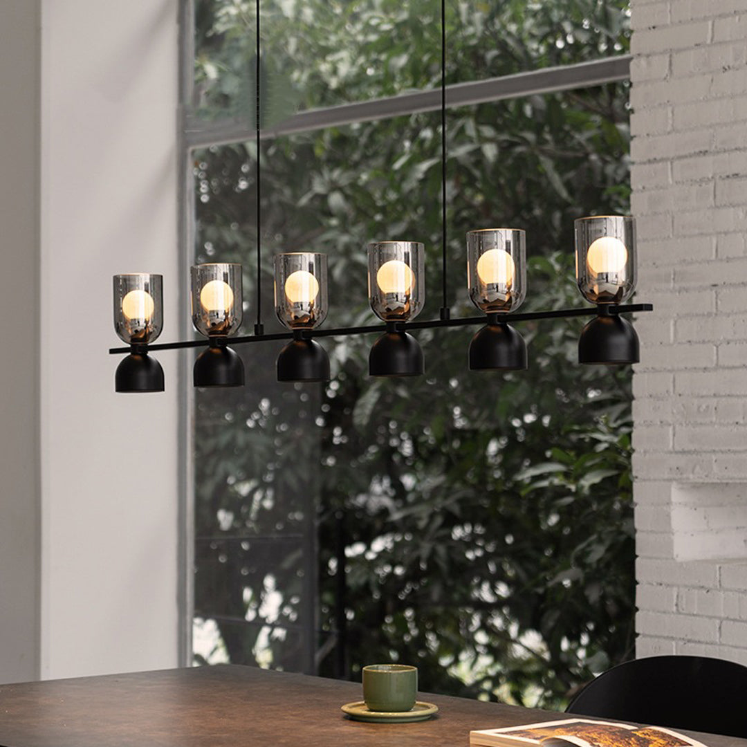 Linear Glass Pendant Chandelier with Adjustable Height, Matte Black
