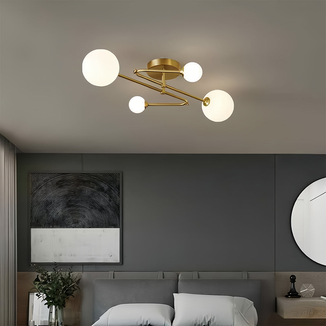 Nordic Gold Semi Flush Mount Ceiling Light with Milk Glass Shades