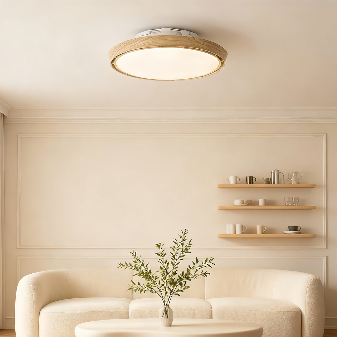 Modern Bladeless Ceiling Fan with Dimmable LED Light, Round Flush Mount in White or Wood Grain