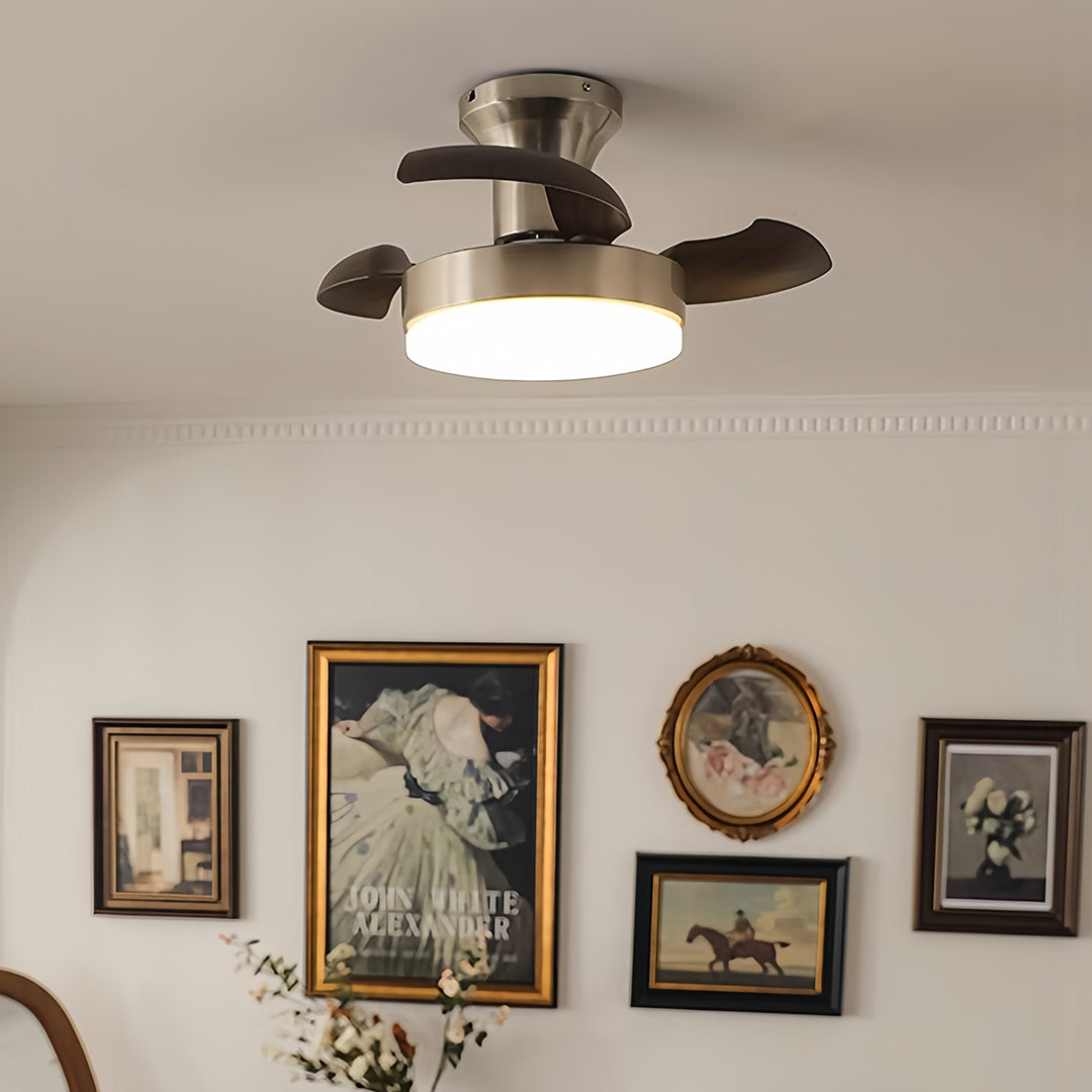 Silver French Retro Ceiling Fan with Dimmable LED Light and Walnut Blades