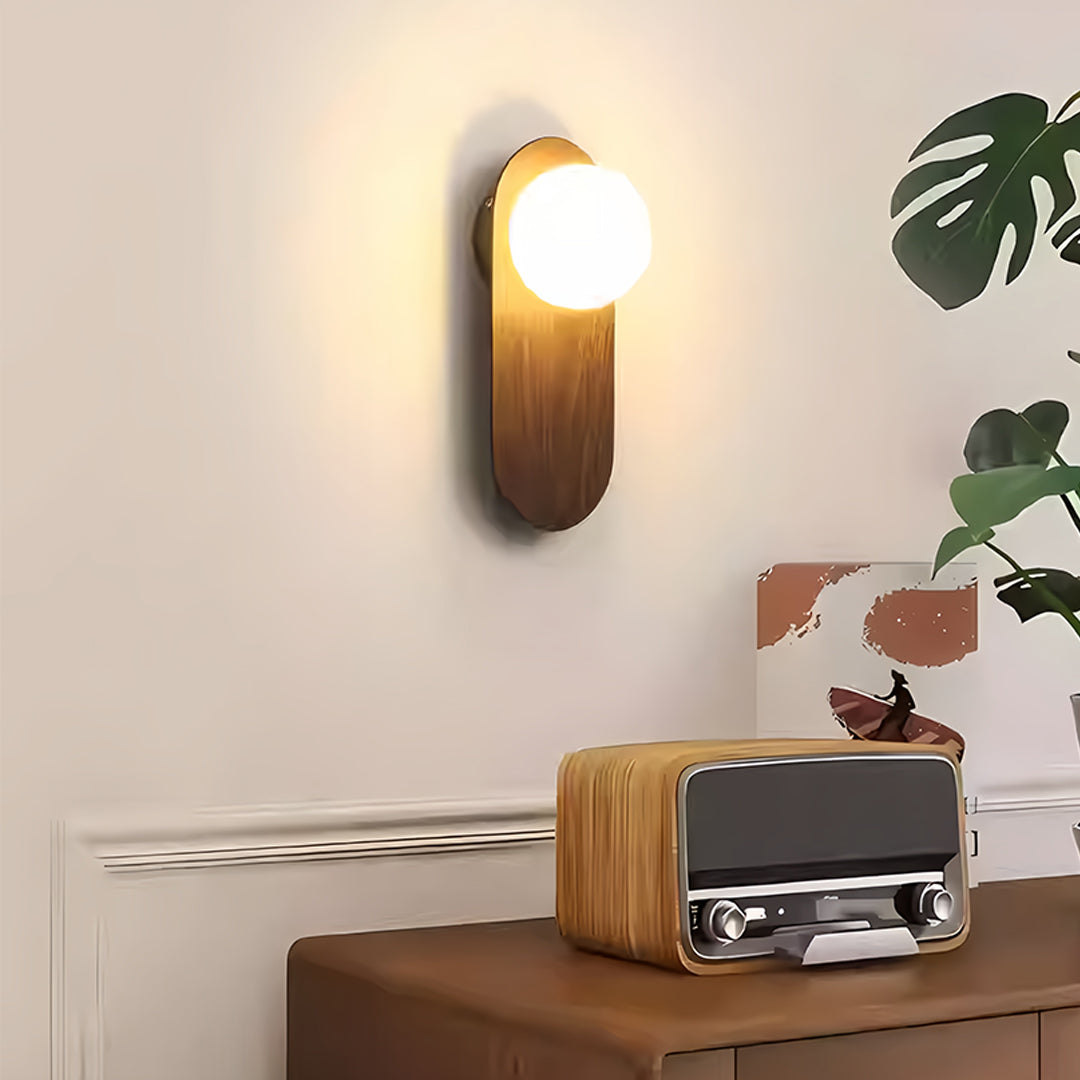 Mid-Century Wood Grain LED Wall Sconce with Spherical Shade