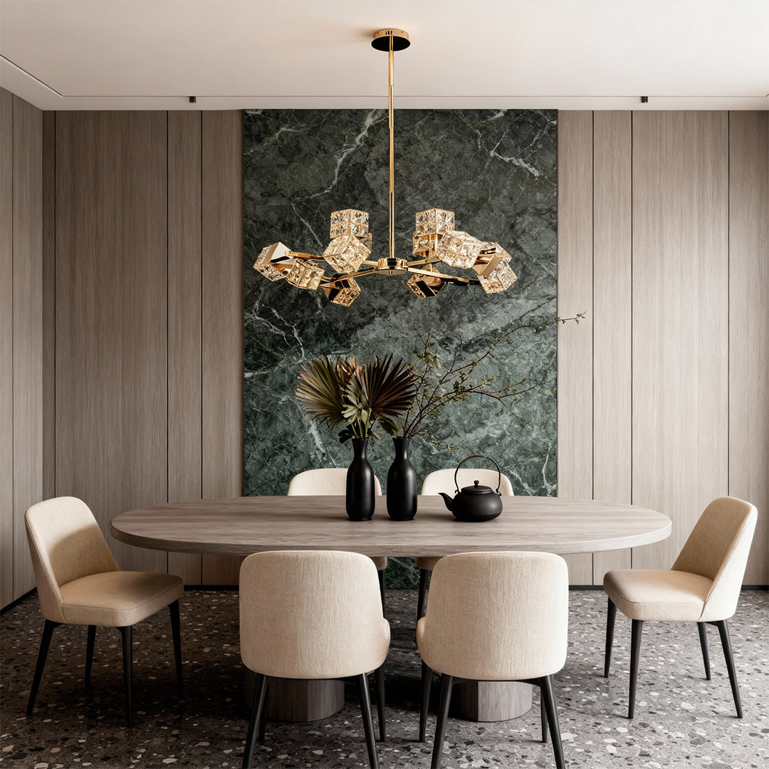 Modern Crystal Cube Chandelier in Champagne Gold for Living and Dining Spaces
