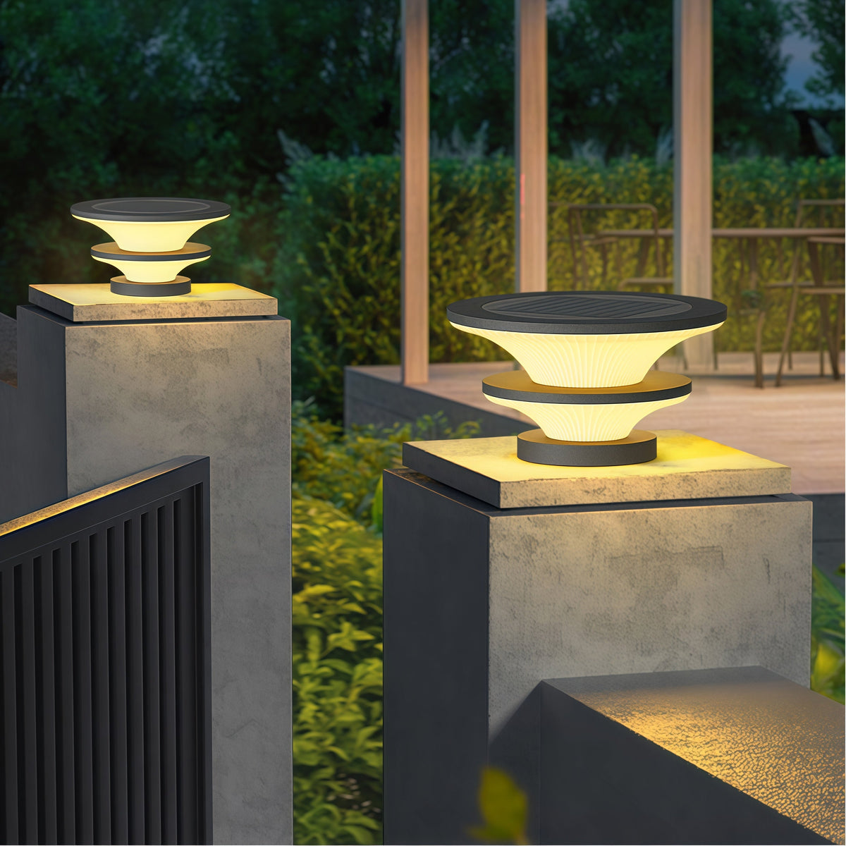 Modern Round Outdoor Pillar Lights in Black Stainless Steel