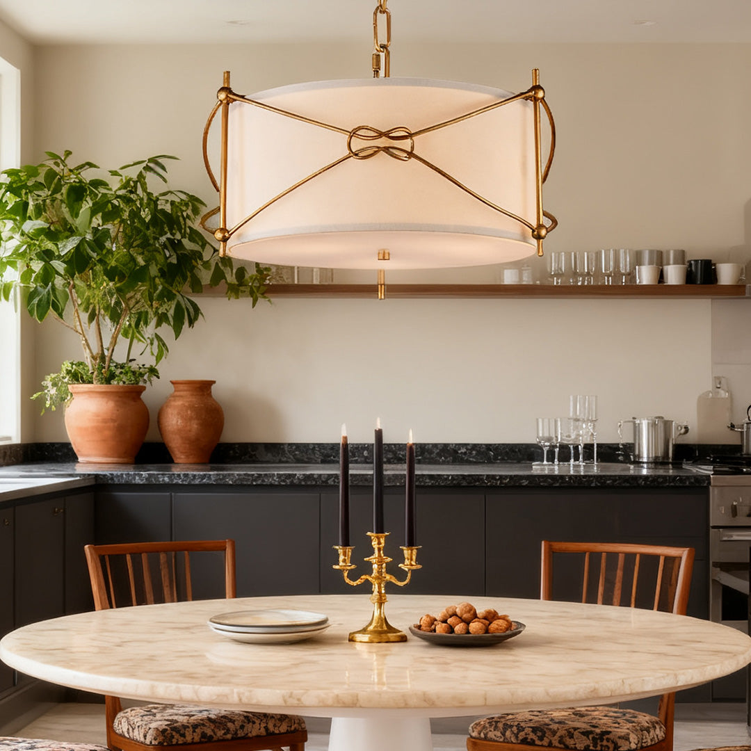 Lumina White Drum Pendant Light with Polished Gold Accents
