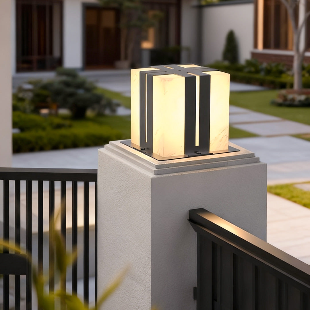 Outdoor Pillar Lights with Faux Marble Shade in Black Stainless Steel