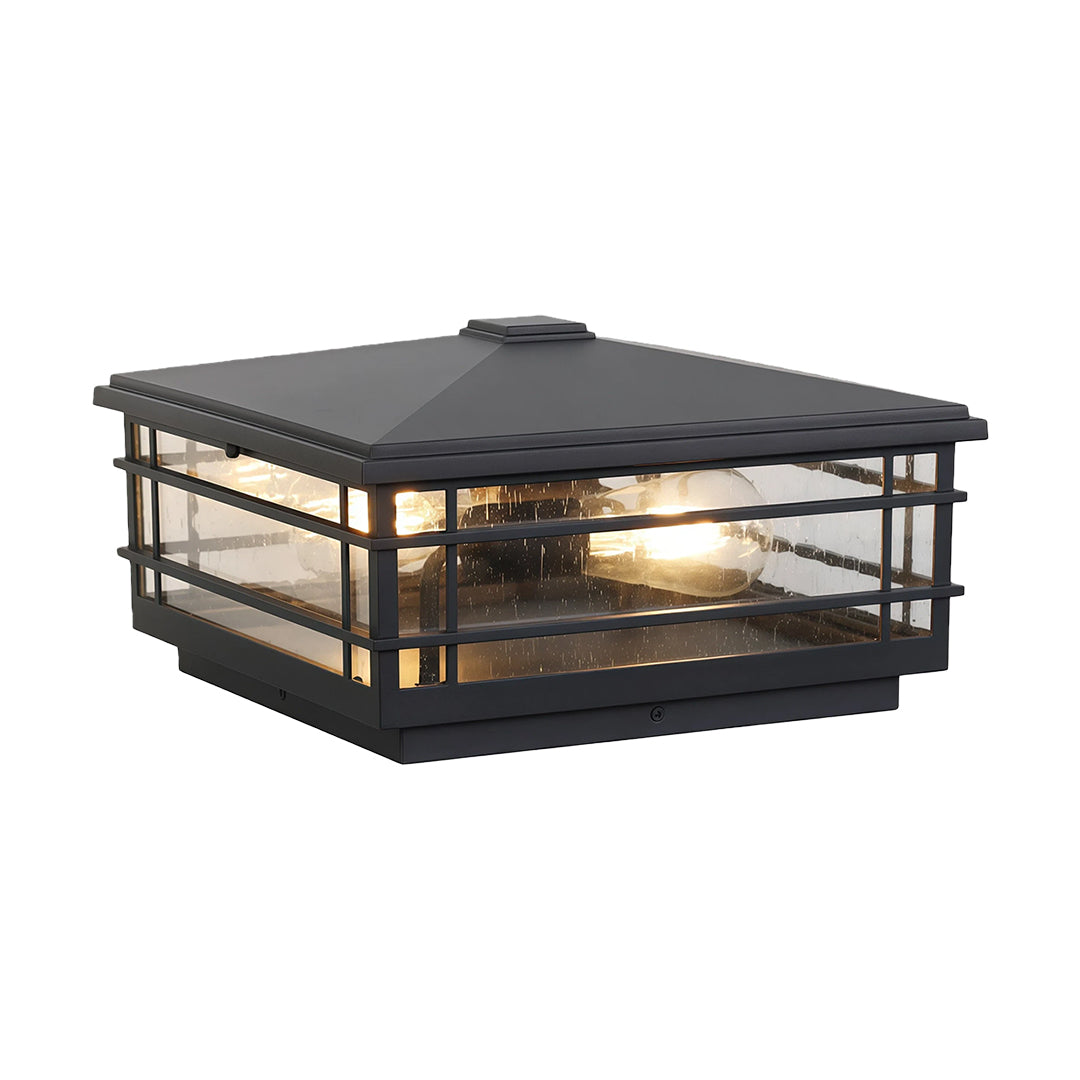 Outdoor Pillar Light in Black Aluminum with Clear Glass Shade for Courtyards
