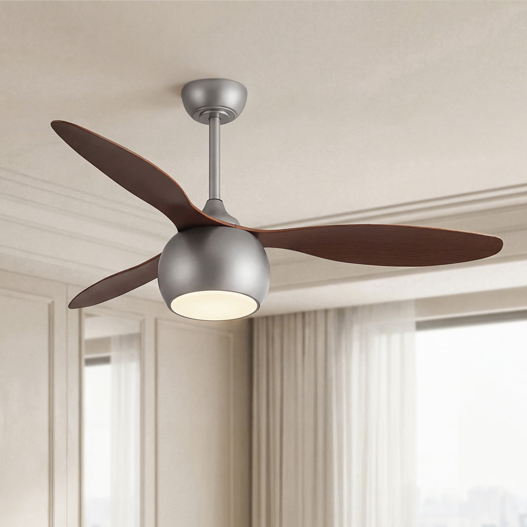 Silver LED Ceiling Fan with Wood Grain Blades for Modern Interiors
