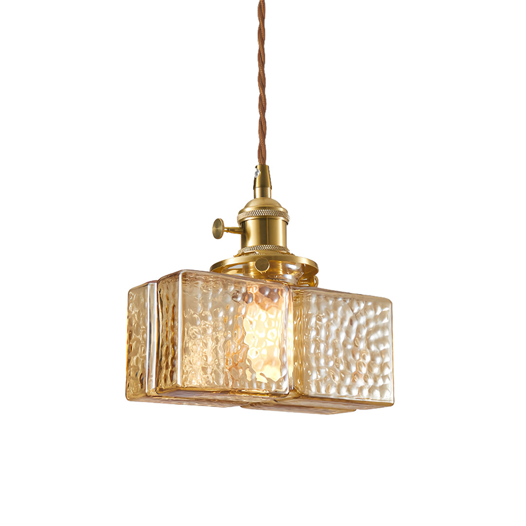 Vintage Brass Square Glass Pendant Light with Adjustable Cord