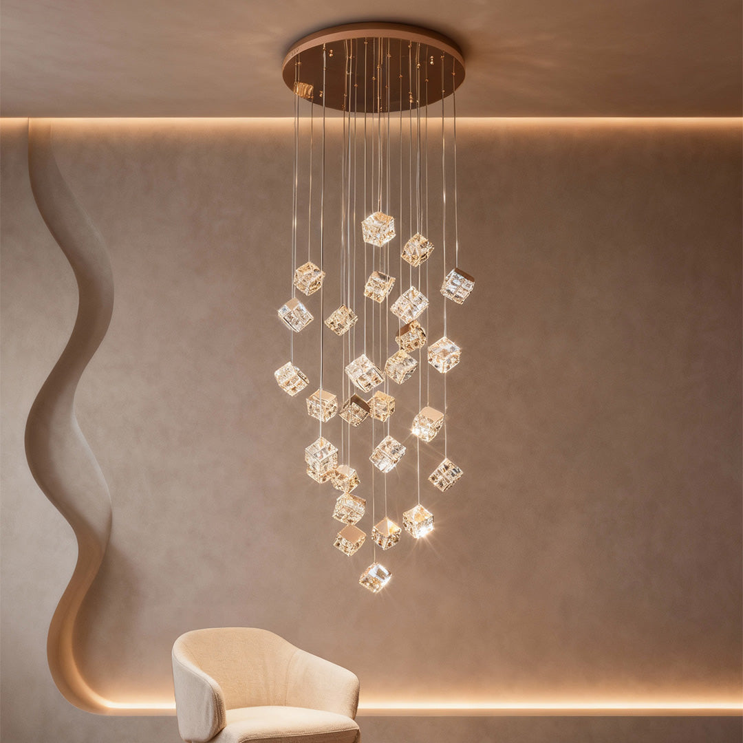 Crystal Staircase Chandelier with Gold Frame and Adjustable LED Lighting