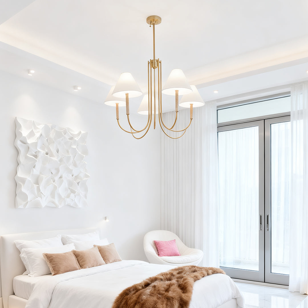 Gold Fabric Shade Chandelier with Copper Frame – 38 Inch Candle Chandelier