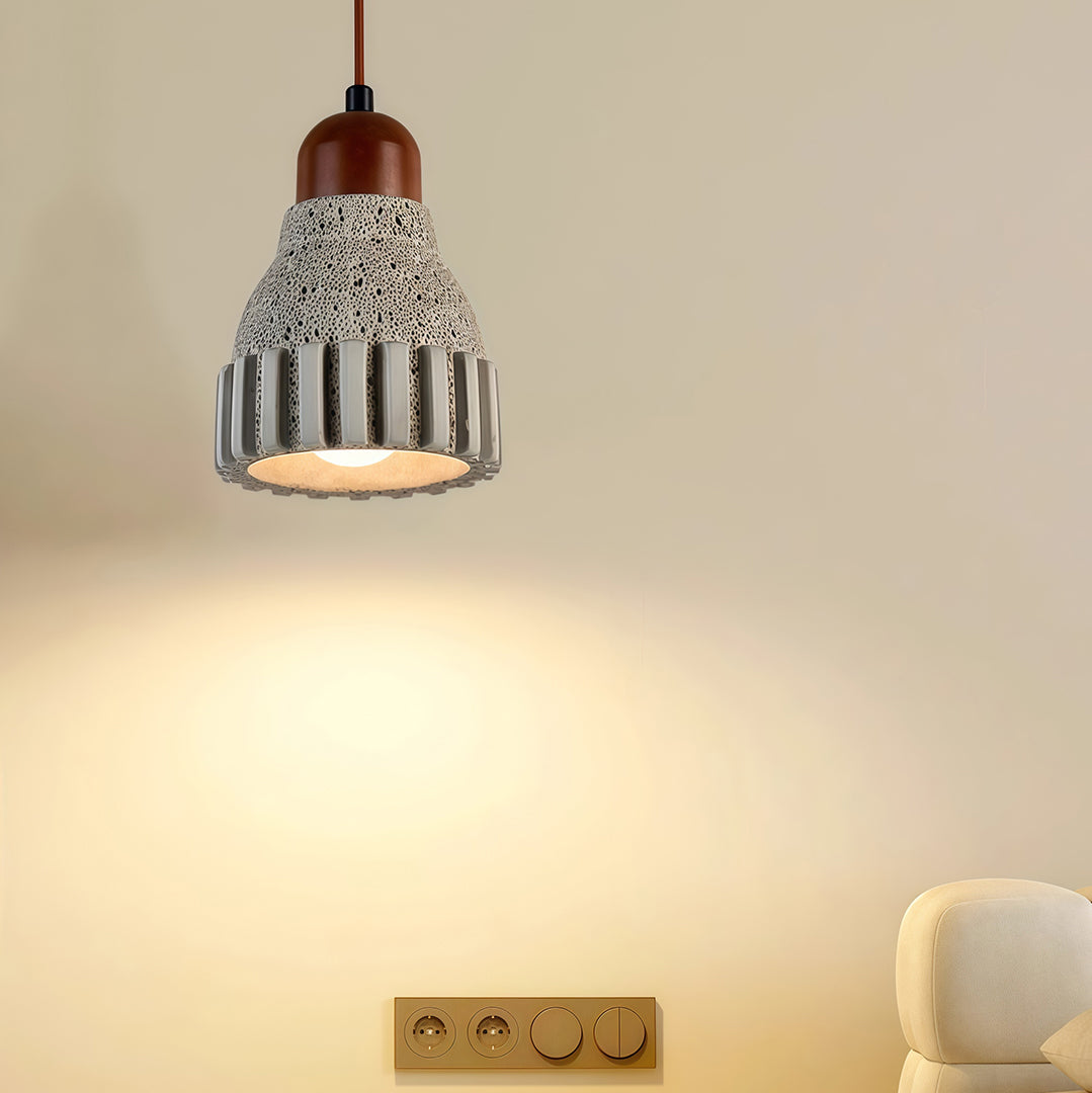 Wabi-Sabi Wood Pendant Light with Cement Accent, Adjustable Hanging