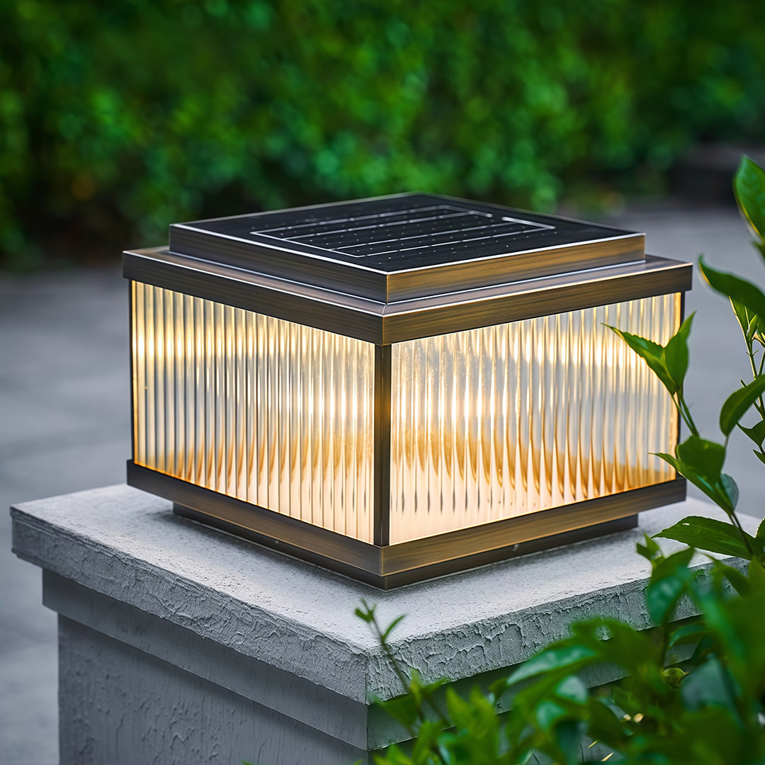 Copper Pillar Light with Ribbed Glass Shade, Modern Outdoor Post Light