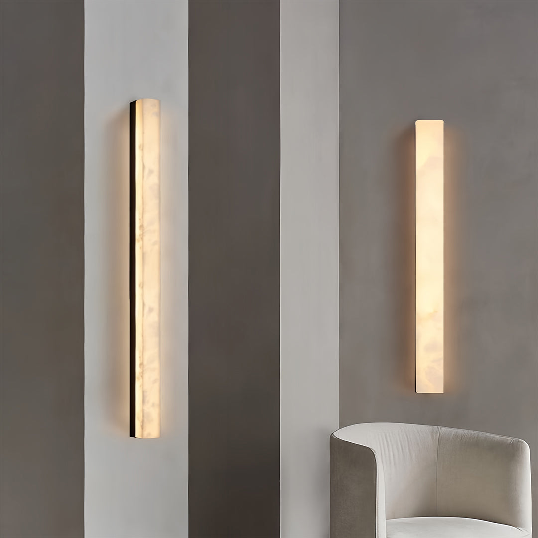 Hammered Copper Linear Wall Sconce with Marble Shade – Modern Minimalist LED Lighting