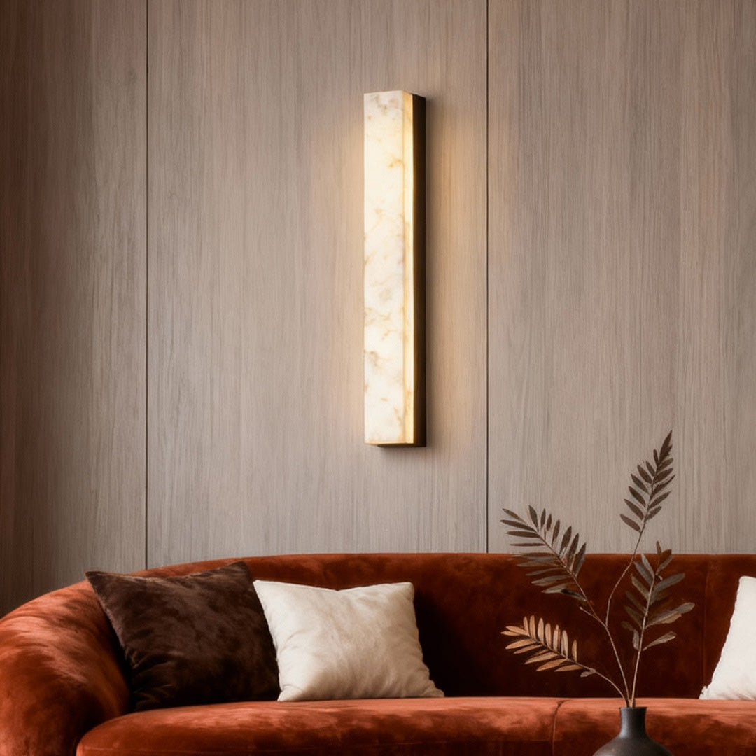 Hammered Copper Linear Wall Sconce with Marble Shade – Modern Minimalist LED Lighting