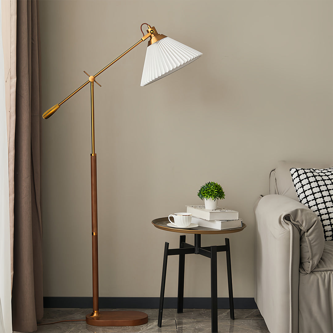 Swing Arm Floor Lamp with Pleated Shade and Solid Ash Wood Base