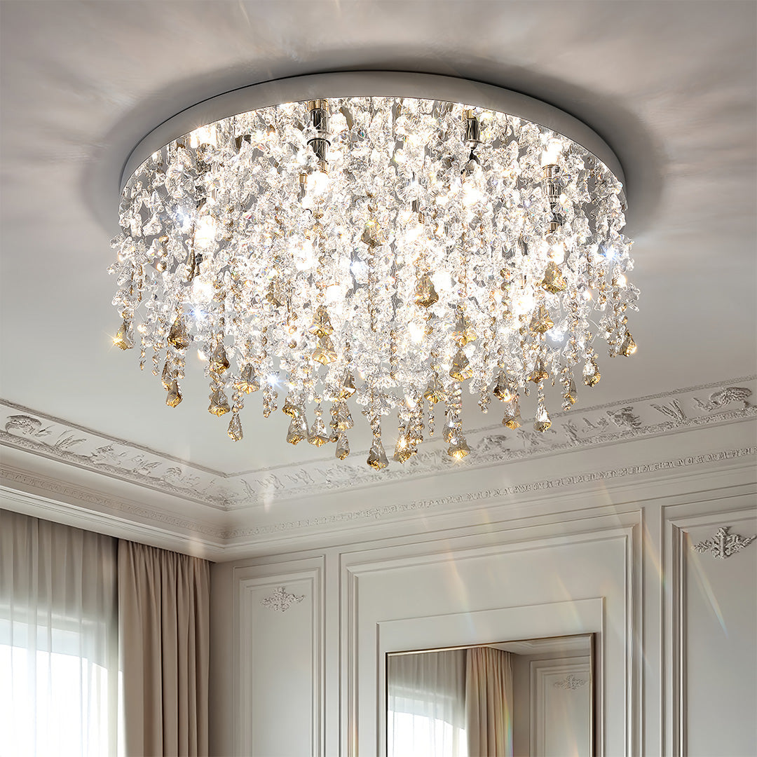 French Crystal Chandelier Ceiling Light with Gold Stainless Steel Frame