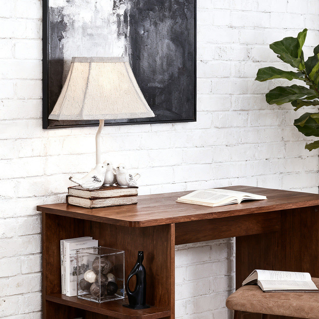 French Perched Bird Table Lamp on Stacked Books, Beige Fabric Shade