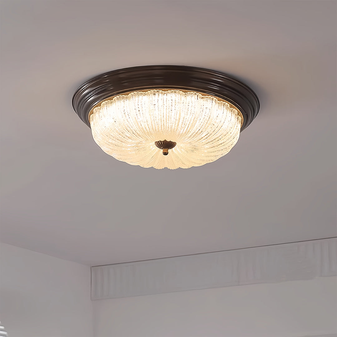 Walnut Wood Retro Dome Flush Mount Ceiling Light with Prismatic Glass Shade