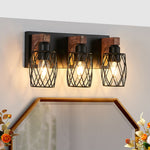 Black Metal Cage Vanity Light with Walnut Accents for Bathroom Mirror