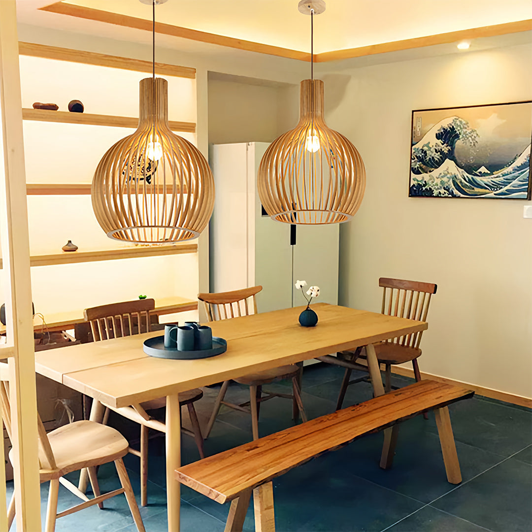 Handcrafted Wooden Birdcage Pendant Light with E27 Socket