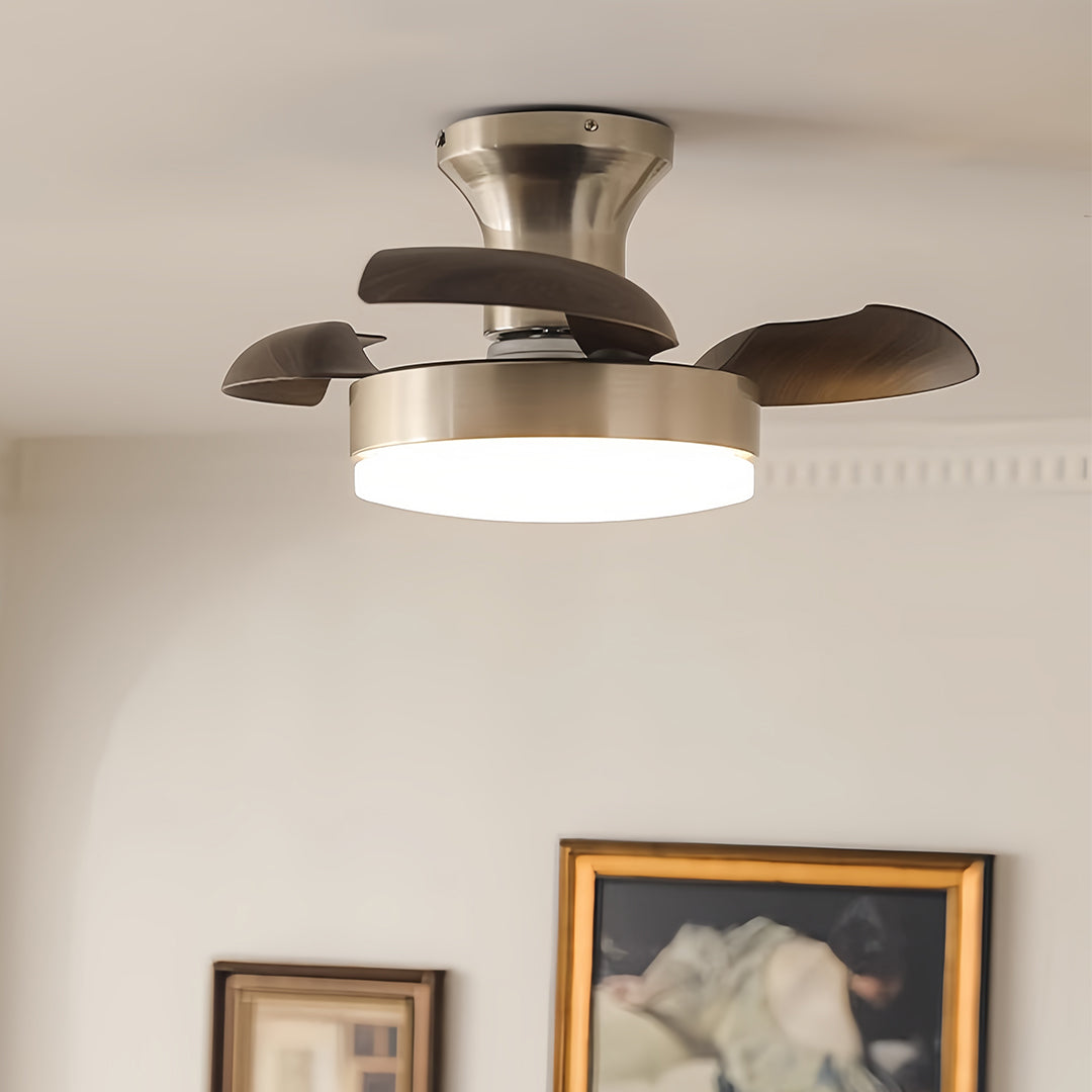 Silver French Retro Ceiling Fan with Dimmable LED Light and Walnut Blades