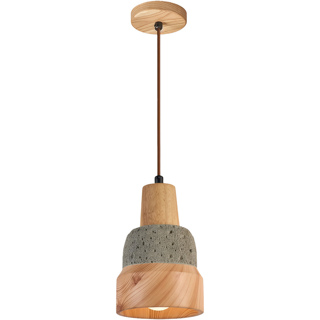Wabi-Sabi Wood Pendant Light with Cement Accent, Adjustable Hanging