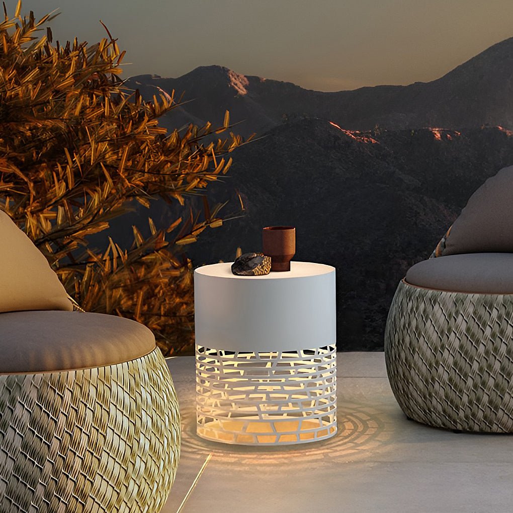 Lumina Hollow Mesh LED Cylinder Floor Light for Modern Outdoor Spaces