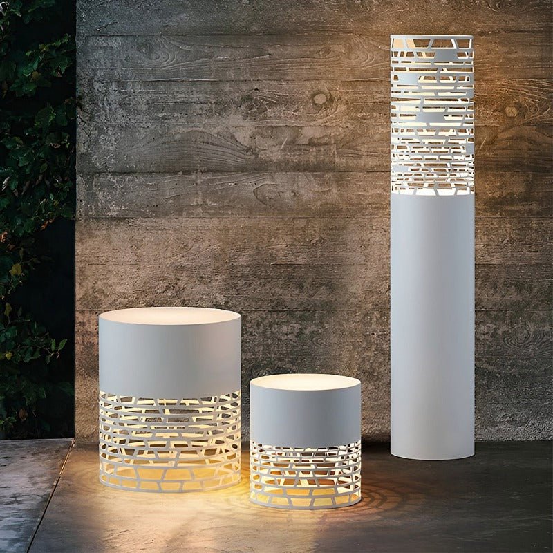 Lumina Hollow Mesh LED Cylinder Floor Light for Modern Outdoor Spaces