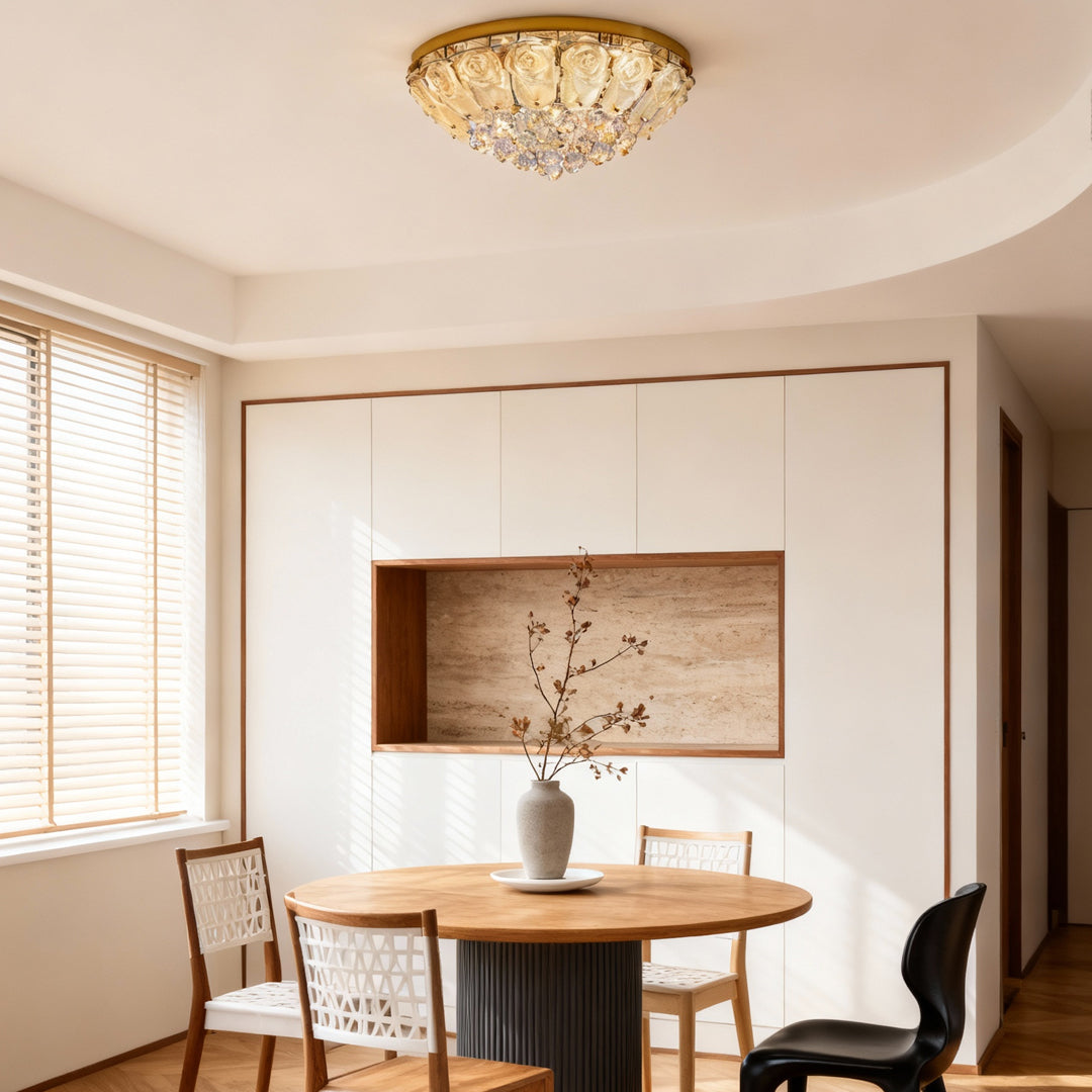 French Crystal Flush Mount Ceiling Light in Gold Stainless Steel