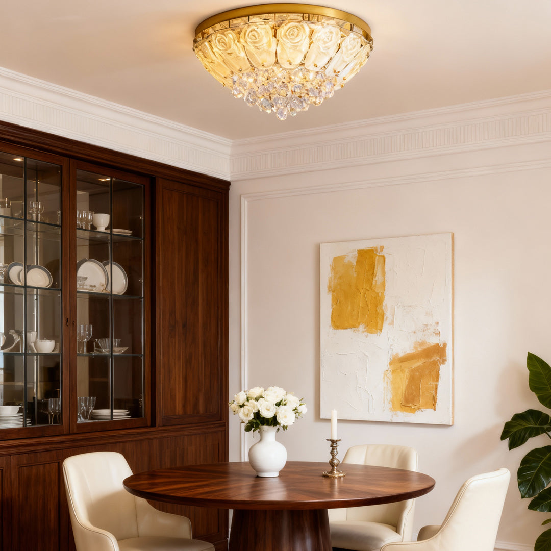 French Crystal Flush Mount Ceiling Light in Gold Stainless Steel