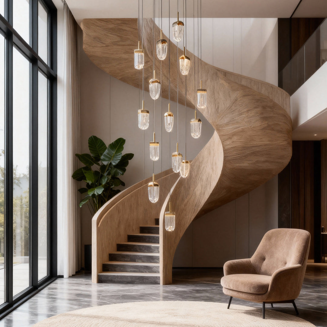 Aurelia 16-Light Gold Staircase Chandelier, Modern Linear LED Pendant for High Ceilings